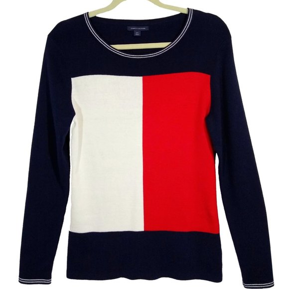 Tommy Hilfiger VTG Ringer Colorblock Sweater Medium/Large Navy Red White - Picture 1 of 4